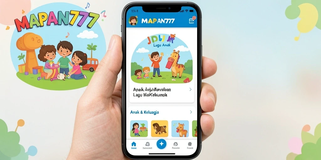Tampilan antarmuka aplikasi MAPAN777 dengan pilihan lagu anak yang colorfull.